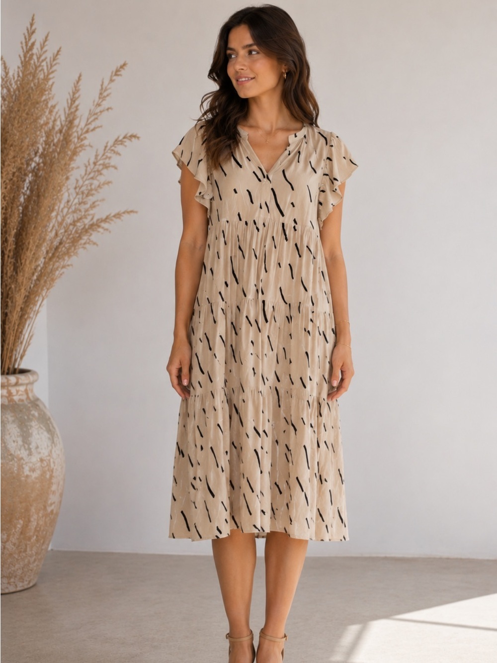 LOFT Ivory and Black Brush Stroke Patterned Tiered Maxi Dress size Small